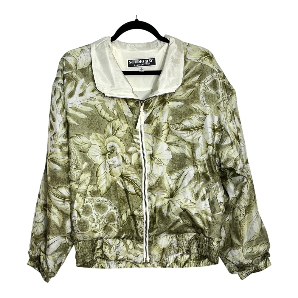 Studio Ray River Edge Womens Small Silk Bomber Jacket Green Floral‎ Tropical Zip